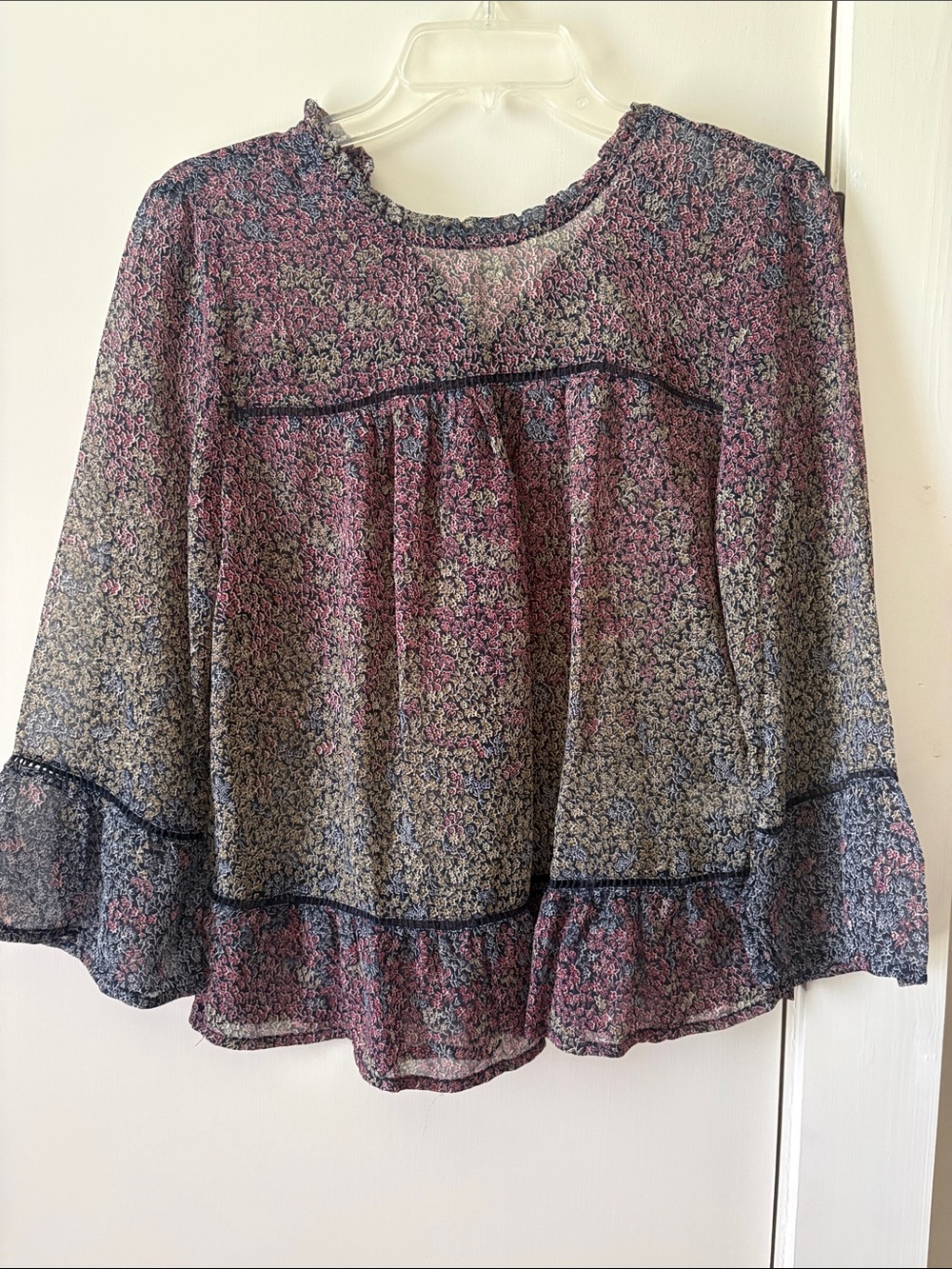 Lucky Brand Sheer Floral Ruffle Blouse - Blue & Pink